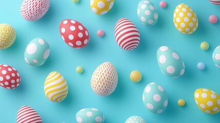 Colorful easter eggs on pastel blue background. creative design. 3d rendering. abstract background.