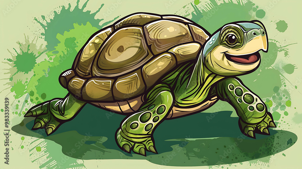 Obraz premium A cartoon turtle with a big smile and a green shell is walking.