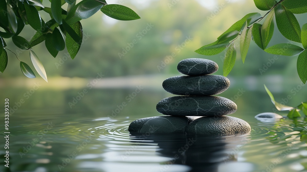 Naklejka premium Zen stones pyramid on water surface green leaves over it.