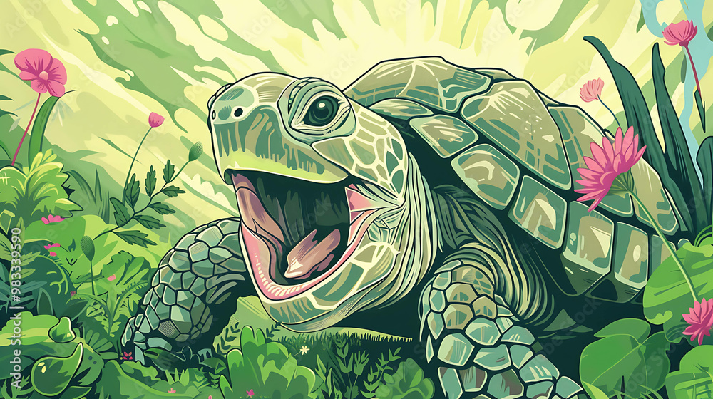 Fototapeta premium A detailed illustration of a turtle with its mouth open, surrounded by lush foliage.