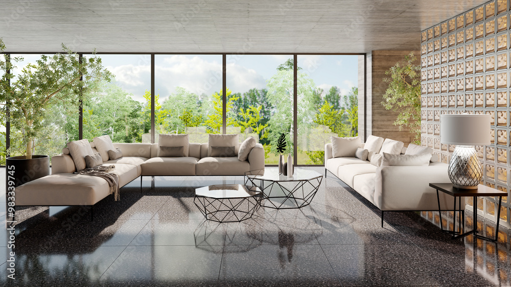 Fototapeta premium Large luxury modern bright interiors Living room mockup illustration 3D rendering image