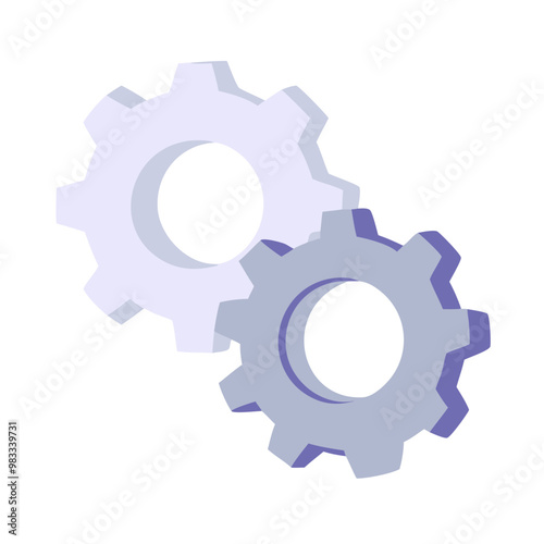 Two gears icon in 3D isometric style, blue and white colors, technology and settings symbol