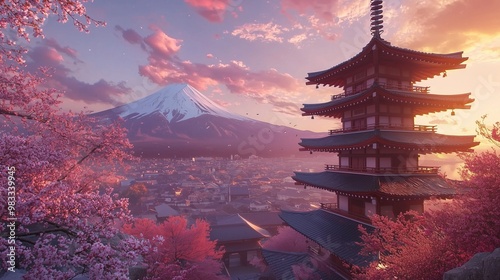 Fujiyoshida japan beautiful view of mountain fuji and chureito pagoda at sunset japan in the spring with cherry blossoms.