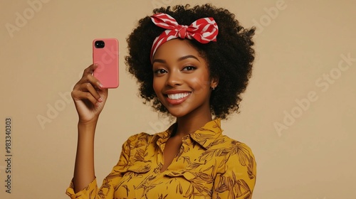 Portrait of beautiful young black woman taking selfie.portrait of a pretty young afro american woman in retro style clothes smiling while standing and taking a selfie isolated over beige. photo