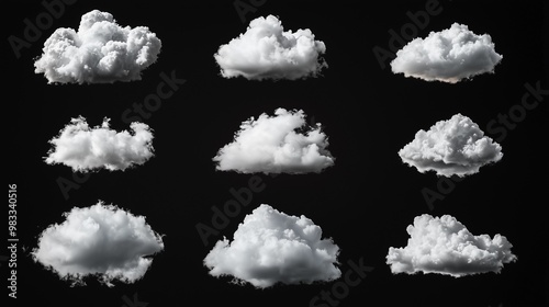 Set of white cloud isolated on black background.