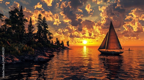 Beautiful sunset over lake superior with a sail boat. photo