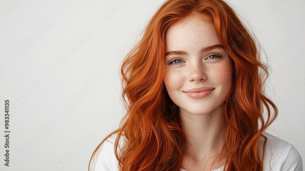 Closeup of happy attractive young woman with long wavy red hair and freckles wears stylish t shirt looks happy and smiling isolated over white background. Closeup of happy attractive young woman with long wavy red hair and freckles wears stylish t shirt looks happy and smiling isolated over white background.