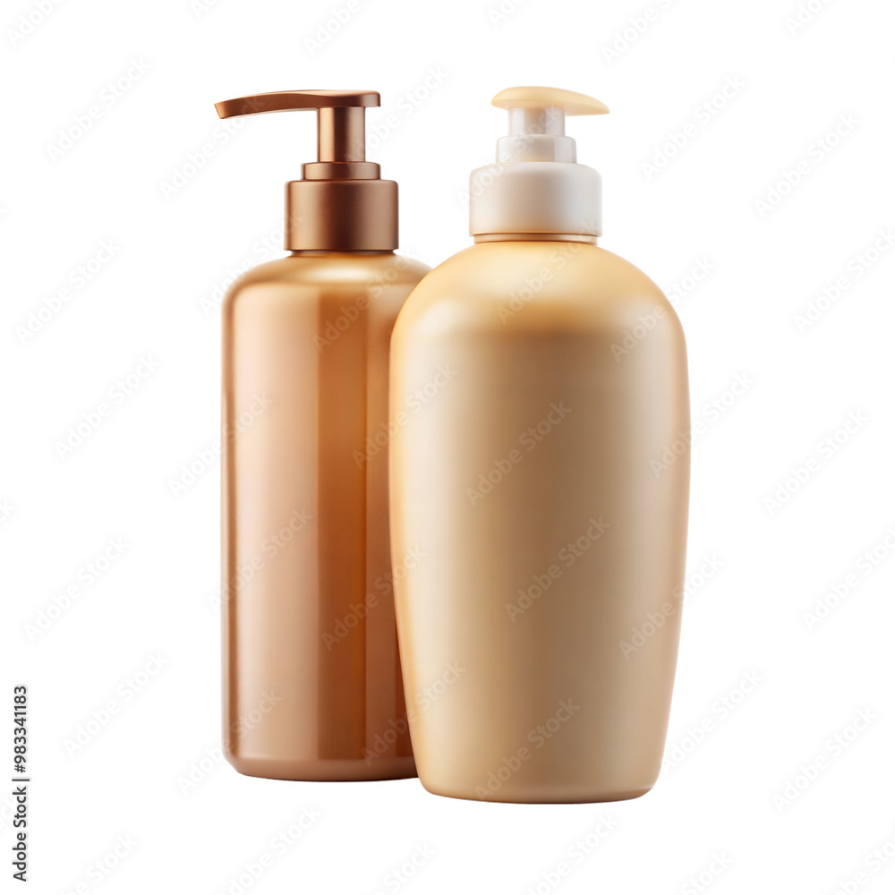 Two elegant bottles of lotion with pump dispensers against a dark background, showcasing beauty and skincare products. Two elegant bottles of lotion with pump dispensers against a dark background, showcasing beauty and skincare products.