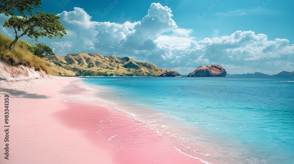 Obraz premium Tropical pink beach with blue ocean. komodo islands.