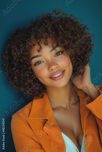 Cinematic portrait of a smiling woman in an orange jacket with curly hair against a teal background