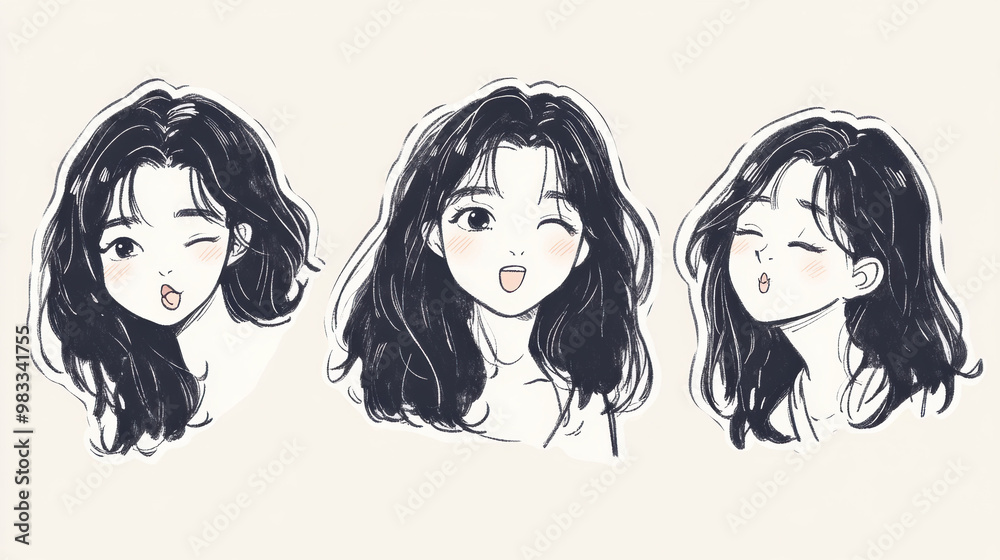 A drawing of three women with different expressions A drawing of three women with different expressions