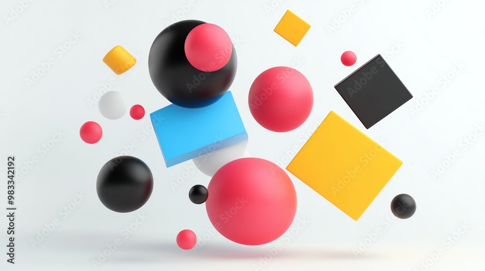 Abstract geometric shapes in a 3D composition, colorful spheres and squares floating against a white background. Abstract geometric shapes in a 3D composition, colorful spheres and squares floating against a white background.
