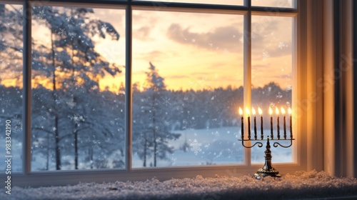 Menorah on Windowsill with Snowy Winter Sunset View photo