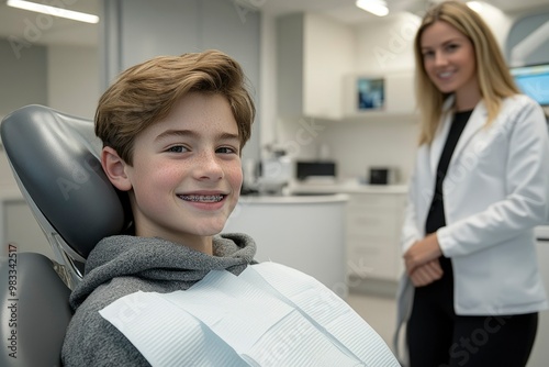 Boy with Braces Smiling in a Dentist's Chair