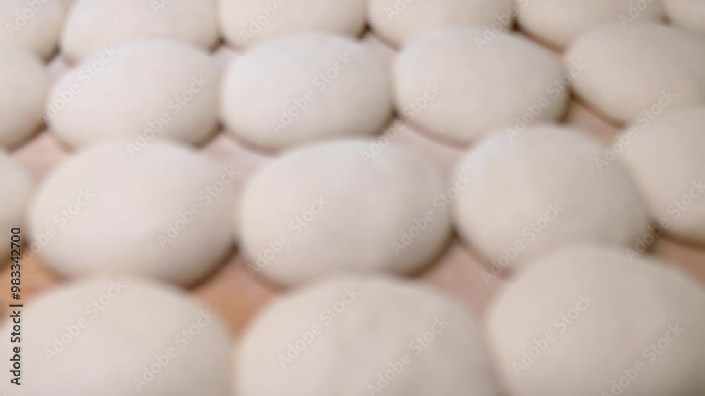 A batch of formed dough pieces on a table in the kitchen of a local bakery ready to bake. Olive ciabatta blanks laid out in a row in front of a large oven. Local bread production A batch of formed dough pieces on a table in the kitchen of a local bakery ready to bake. Olive ciabatta blanks laid out in a row in front of a large oven. Local bread production
