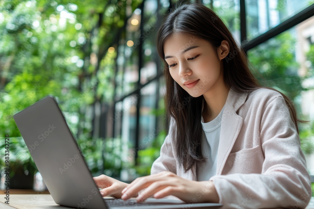 Focused Young Asian Businesswoman Working Remotely on Laptop in Green, Eco-Friendly Workspace Focused Young Asian Businesswoman Working Remotely on Laptop in Green, Eco-Friendly Workspace