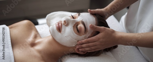 Woman receiving a facial massage with a white mask on her face at a spa. Generative-AI