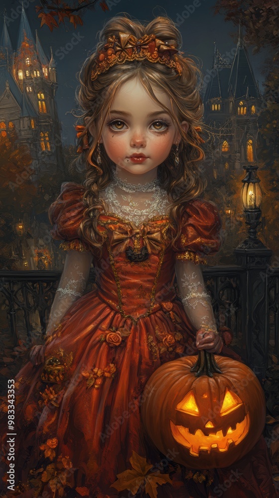Fototapeta premium A painting of a little girl in a red dress holding a pumpkin