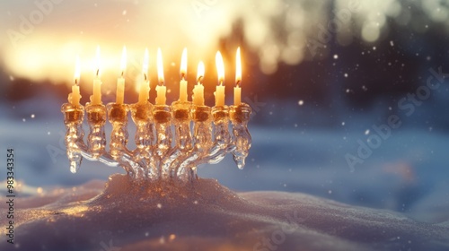 A Menorah With Lit Candles Standing in Snow During a Winter Sunset