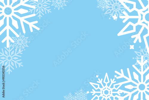 Winter background with white snowflakes on a light blue backdrop, featuring a blank central area for text or design elements