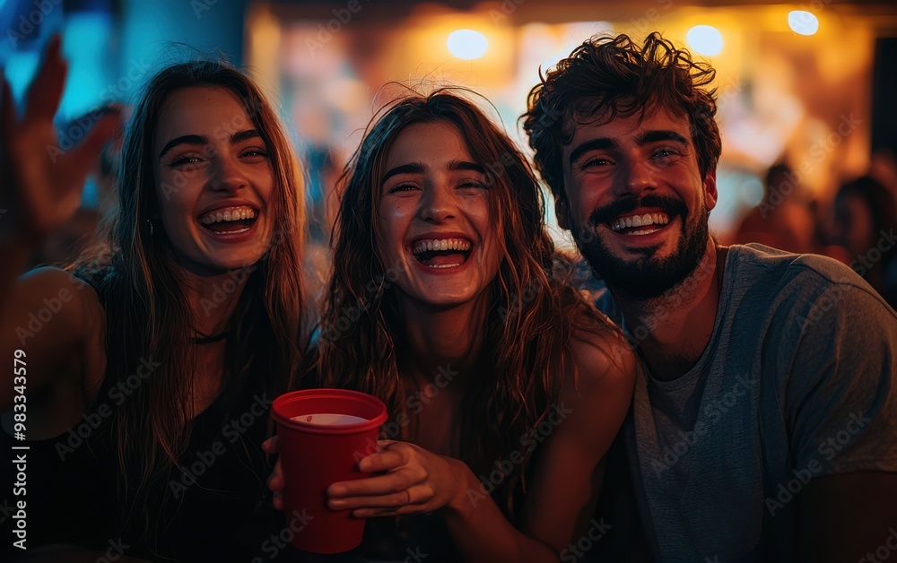 Joyful group of three friends laughing and cheering at a lively social event with vibrant lighting Joyful group of three friends laughing and cheering at a lively social event with vibrant lighting