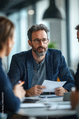 Three business professionals engaged in a collaborative discussion around a meeting table in a modern office setting photo