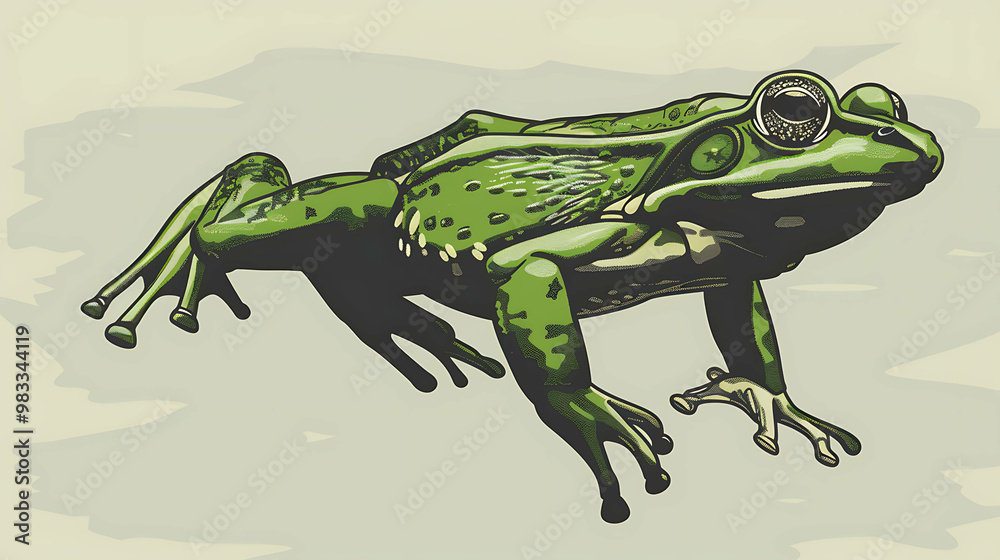 Fototapeta premium Green frog with large eyes in side view, digital art illustration.