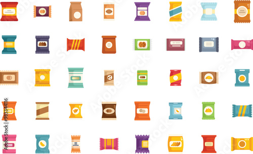 Snack packaging collection featuring various colors and shapes, showcasing a variety of designs for different snack products