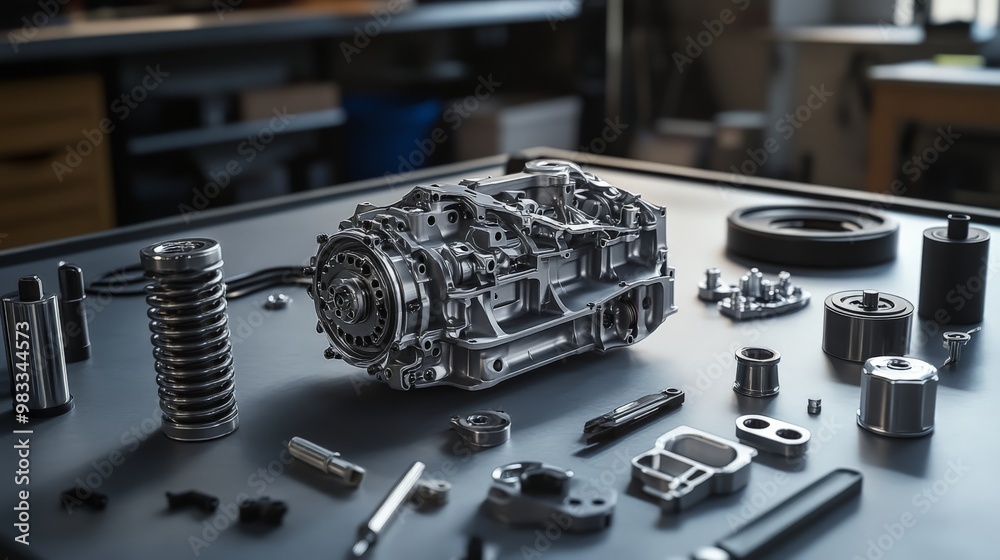 Close-up of disassembled car engine parts on a workbench in a mechanical workshop. Automotive engineering and repair concept. Close-up of disassembled car engine parts on a workbench in a mechanical workshop. Automotive engineering and repair concept.