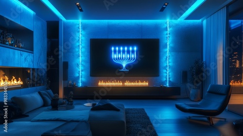 Modern Living Room with Neon Menorah and Fireplace photo