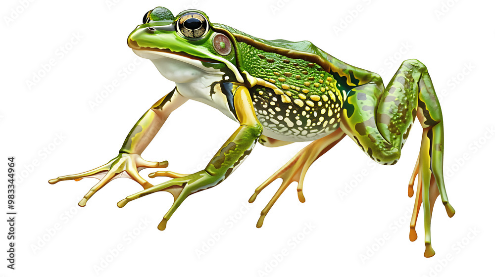 Obraz premium A green frog with yellow markings is posed in a jumping position.