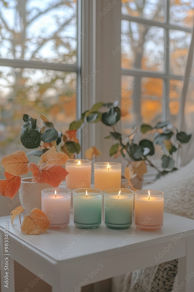Pastel candles flicker softly on a sleek white table, embraced by delicate autumn leaves and warm light, creating a peaceful and trendy atmosphere for relaxation. Pastel candles flicker softly on a sleek white table, embraced by delicate autumn leaves and warm light, creating a peaceful and trendy atmosphere for relaxation.