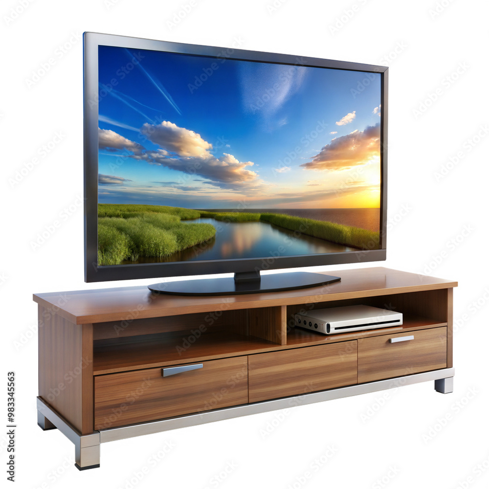 Fototapeta premium A sleek television on a wooden stand displays a vibrant sunset landscape, perfect for enhancing living room aesthetics.