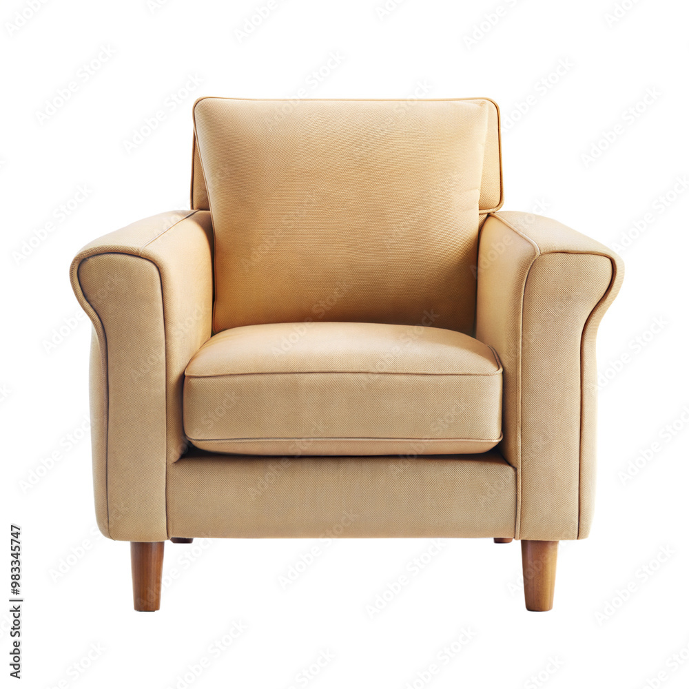 A cozy, yellow chair with a textured fabric and wooden legs, perfect for enhancing any living space's comfort and style. Isolated on transparent or white background. A cozy, yellow chair with a textured fabric and wooden legs, perfect for enhancing any living space's comfort and style. Isolated on transparent or white background.