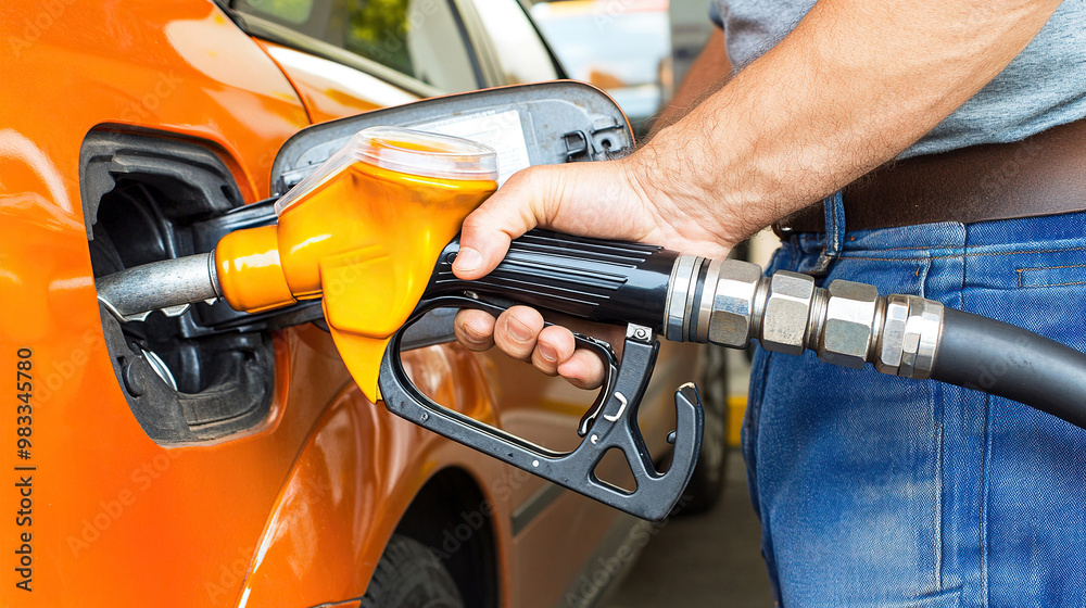 man hand holding a gas pump nozzle and filling up a car at the station is using a fuel benzin man hand holding a gas pump nozzle and filling up a car at the station is using a fuel benzin