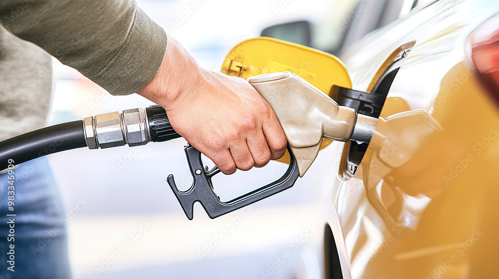 Obraz premium man hand holding a gas pump nozzle and filling up a car at the station is using a fuel benzin