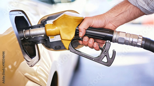 man hand holding a gas pump nozzle and filling up a car at the station is using a fuel benzin