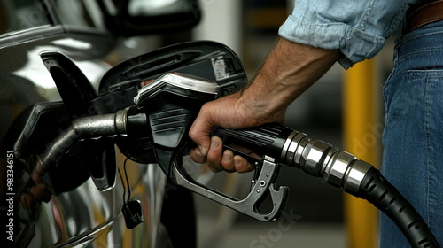 man hand holding a gas pump nozzle and filling up a car at the station is using a fuel benzin