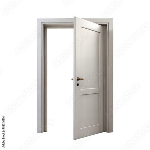 A modern white door slightly ajar, revealing a dark backdrop, symbolizing mystery and transitions. photo