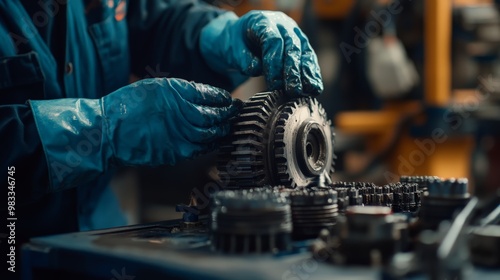 Close-up of mechanic's hands wearing blue gloves working on a gear. Industrial setting with focus on machinery. High-quality engineering photo. photo