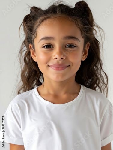 A young girl with long curly hair wearing a white shirt