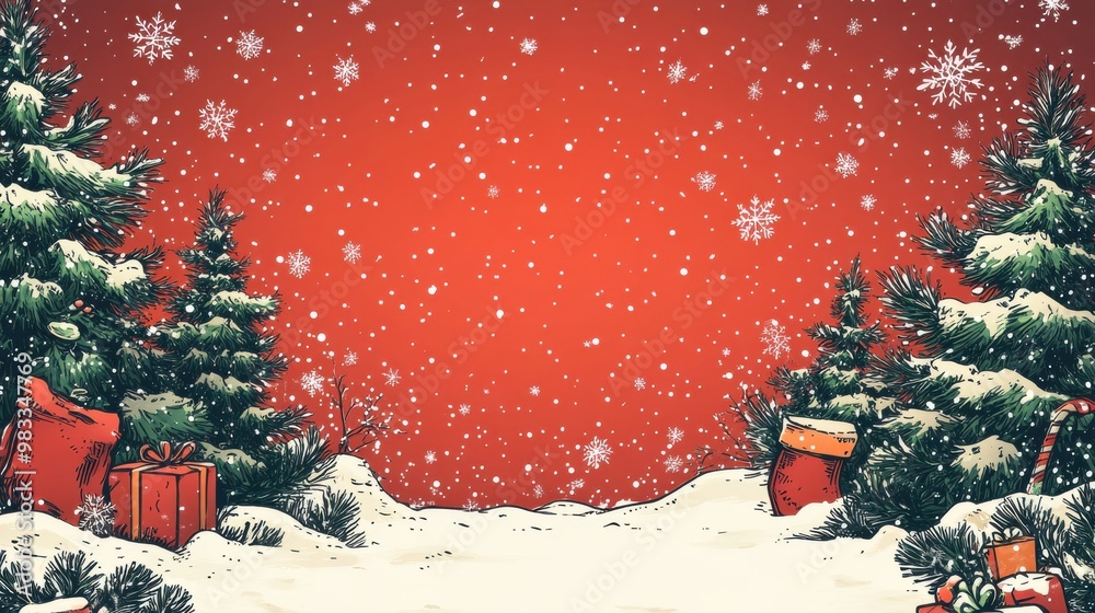 Naklejka premium Festive comic book-style Christmas backdrop with snow-covered trees and gifts, set against a bright red background with falling snowflakes.