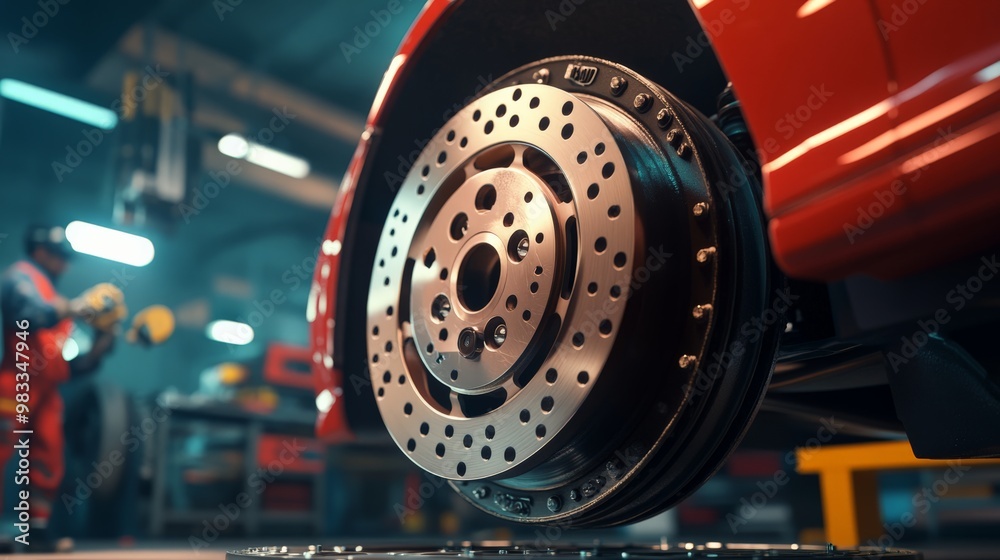 Close-up view of a performance car brake disk in a modern auto repair shop with a mechanic working in the background. Close-up view of a performance car brake disk in a modern auto repair shop with a mechanic working in the background.