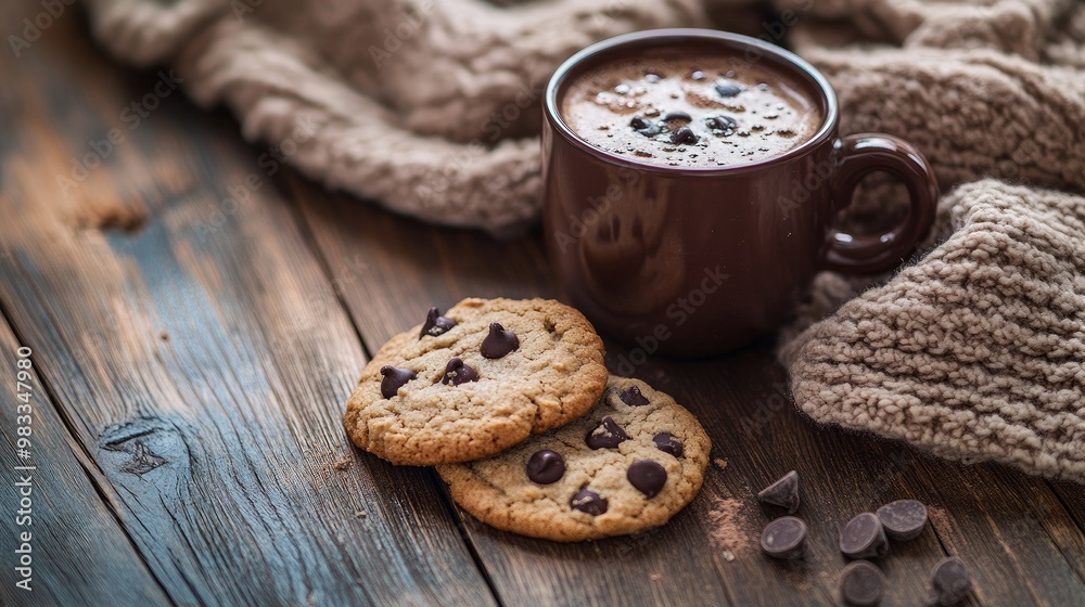 A wooden table displays chocolate-chip cookies and a cup filled with a hot beverage. A wooden table displays chocolate-chip cookies and a cup filled with a hot beverage.