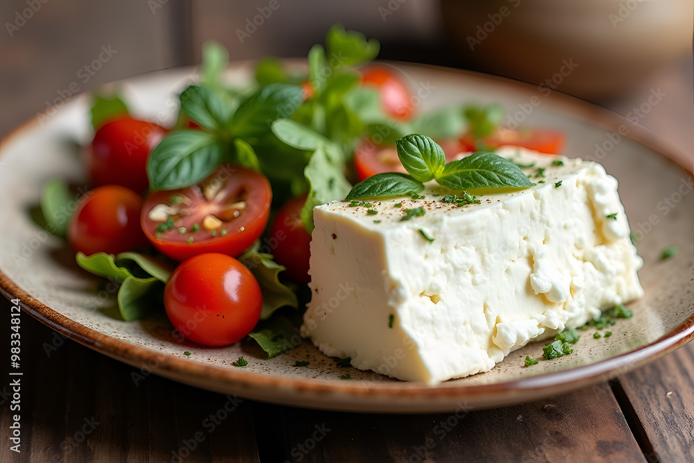 Fresh Greek salad with feta cheese in rustic style on wooden table Fresh Greek salad with feta cheese in rustic style on wooden table