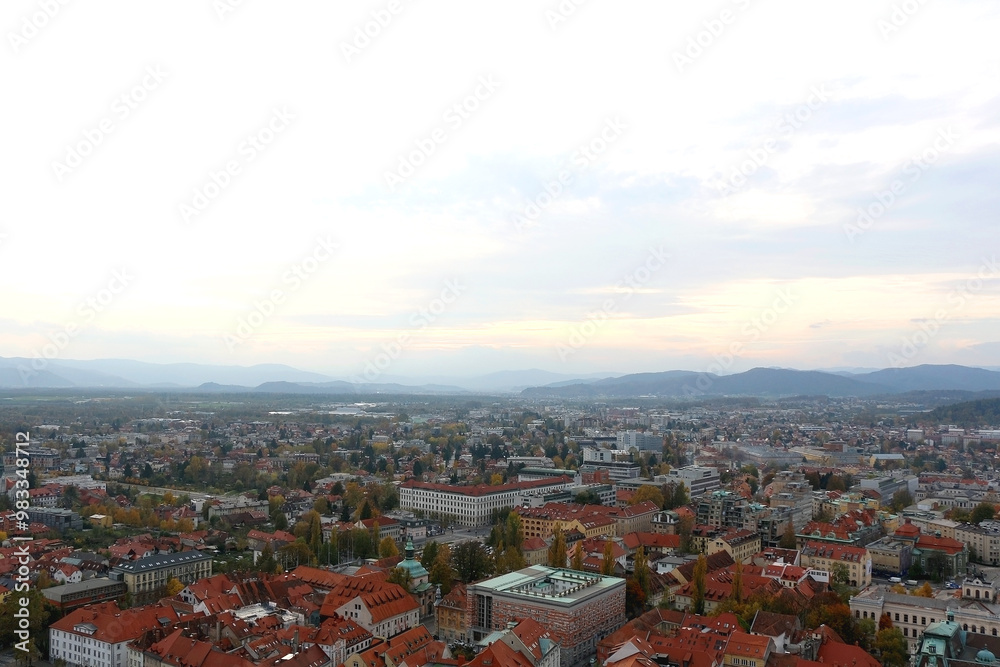 Obraz premium Aerial view of central Ljubljana, capital of Slovenia, from Ljubljana Castle. Autumn in the picturesque city.