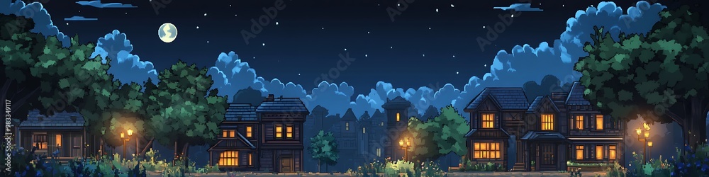 Fototapeta premium Nighttime Street Scene with Houses and Full Moon