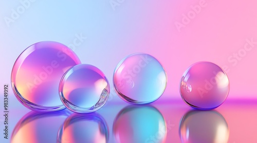 Four iridescent orbs rest on a glossy surface with a pink and blue gradient background.