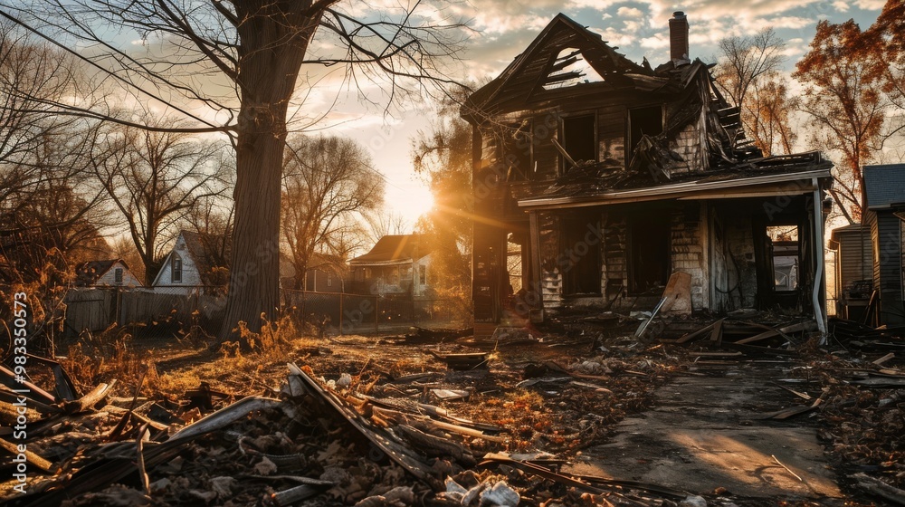 A burnt-out house stands as a stark reminder of the devastating effects of a fire. A burnt-out house stands as a stark reminder of the devastating effects of a fire.