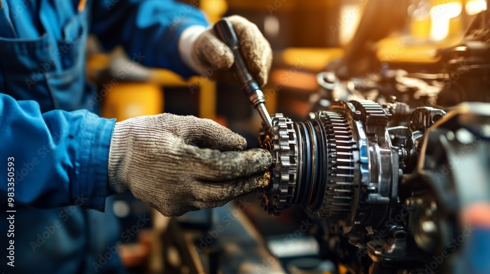 Mechanic in blue overalls with dirty gloves repairing a car engine, focusing on a specific part in a well-lit workshop. Mechanic in blue overalls with dirty gloves repairing a car engine, focusing on a specific part in a well-lit workshop.